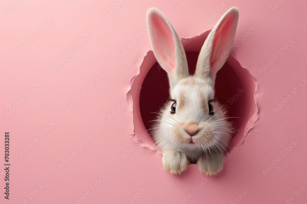 Easter bunny peeps out of the pink wall. Easter bunny peeps out of the pink wall.