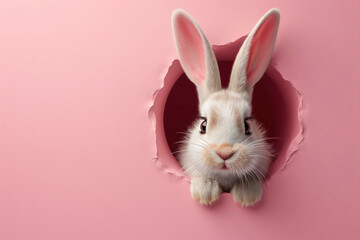 Easter bunny peeps out of the pink wall.