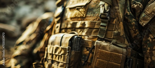 Close-up view of a military armor vest with a molle system, photographed. photo