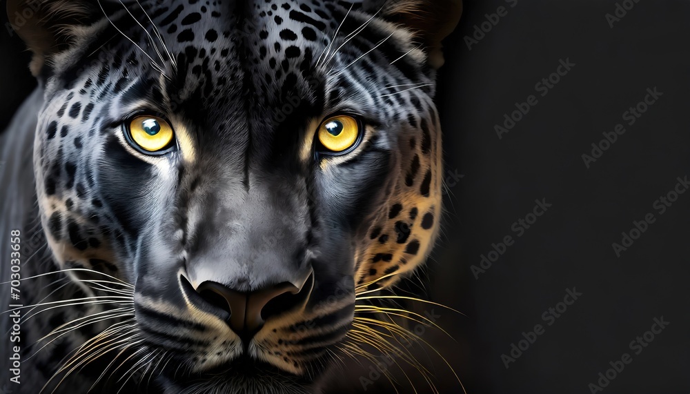 Intense Gaze of a Jaguar. A close-up portrait of a jaguar with piercing yellow eyes against a dark background, giving a sense of wildness and danger
