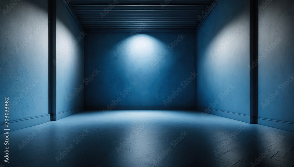 Empty Blue Room with Spotlight. A minimalistic empty blue room illuminated by a single spotlight, conveying a sense of solitude or contemplation Empty Blue Room with Spotlight. A minimalistic empty blue room illuminated by a single spotlight, conveying a sense of solitude or contemplation