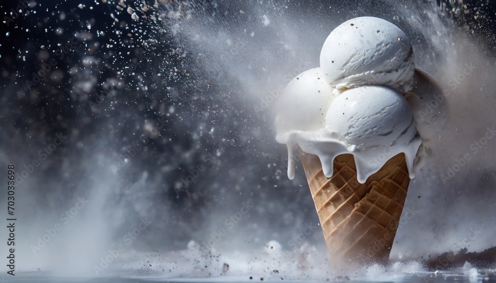 Melting Ice Cream Cone in a Snowy Blizzard. An ice cream cone with