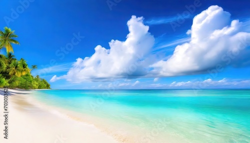 Tropical Beach Paradise. Pristine white sand beach with turquoise waters and lush palm trees