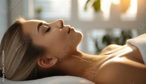 Spa Serenity. A woman enjoys a serene spa treatment with a focus on her relaxed facial expression