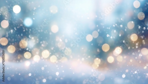 Winter Wonderland Bokeh Lights. Abstract image of winter, blue and white bokeh lights give a festive, cold feel to the scene, resembling snowflakes or stars © Juri_Tichonow