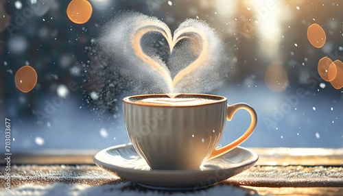 Enchanting Coffee Heart Steam. A warm cup of coffee on a frosty table with a heart-shaped steam pattern rising, set against a bokeh light backdrop © Juri_Tichonow
