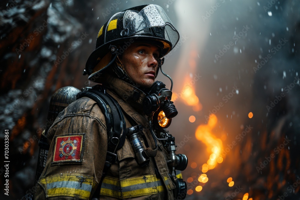 professional firefighter puts out the flames. A burning house and a man in uniform, view from the back. Concept: Fire engulfed the room, danger of arson professional firefighter puts out the flames. A burning house and a man in uniform, view from the back. Concept: Fire engulfed the room, danger of arson