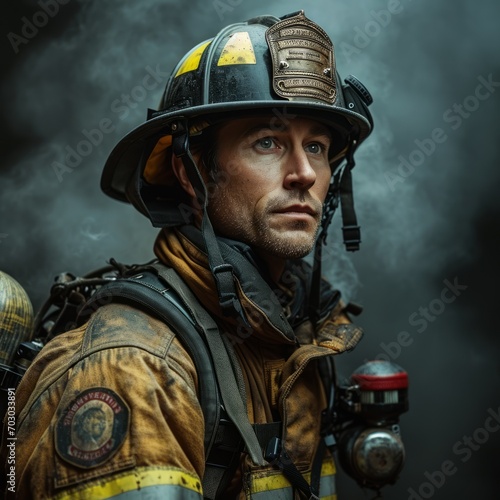 Portrait of a tired firefighter with soot stains on his face and helmet, a deep gaze reflects courage and readiness for action  © PRO Neuro architect