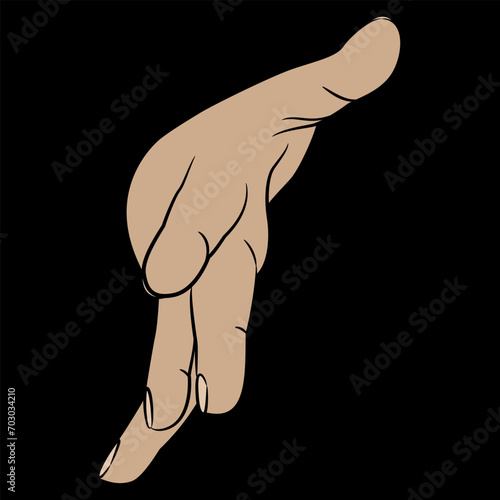 Stretched forward human hand with open fingers in dynamic greeting or reaching gesture. Cartoon style. Front view. On black background.