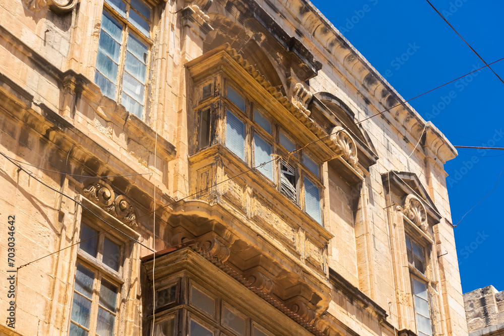 Traditional maltese balconies in the old town of Valletta,  Malta