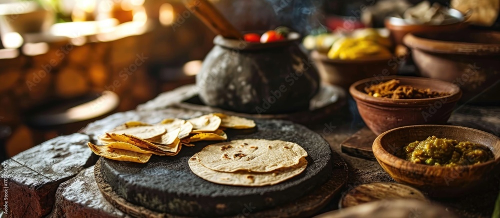 Mexican cuisine ambiance with corn tortillas on a griddle, rustic table, and stone molcajetes.