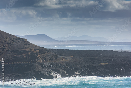 Landscape of the El Golfo volcanic beach in Lanzarote, Spain