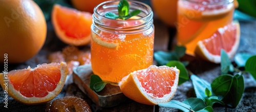 Homemade grapefruit orange gelatin dessert, a healthy, low-fat, low-calorie meal in a jar.