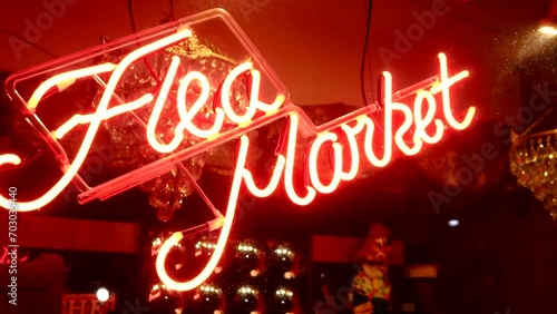 Flea Market Owned Used Second Hand Store Shop Red Neon Sign Glowing Electronic photo