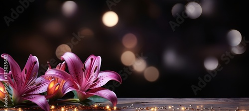 Purple lily blossom on isolated magical bokeh background with copy space for text placement