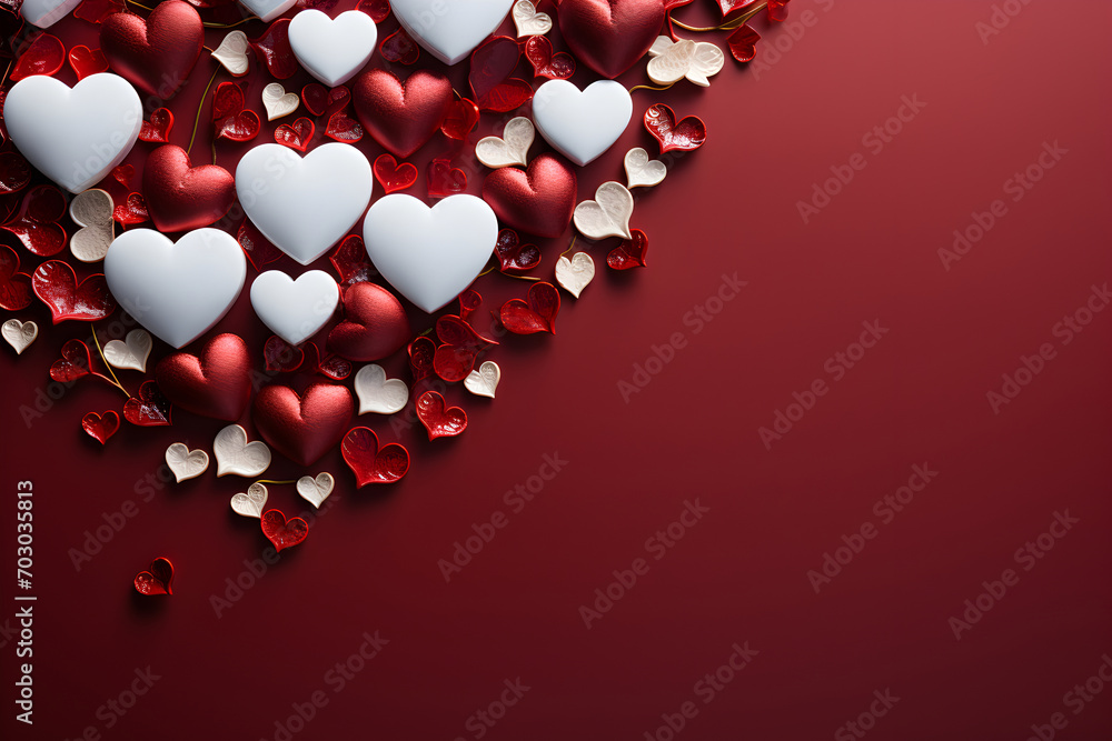 White and red hearts decoration on red background. Valentines, mothers, womens day, wedding or birthday flat lay banner concept. Top view with copy space. White and red hearts decoration on red background. Valentines, mothers, womens day, wedding or birthday flat lay banner concept. Top view with copy space.