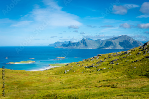 Hiking trail of Mount Ryten to go to Kvalvika Beach in the Lofoten Islands,  Norway © Stefano Zaccaria