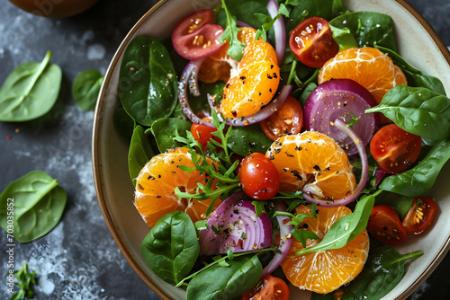 Close up of fresh salad with red onion, cherry tomatoes, spinach, orange, tangerine and clementine, dressing or olives oil on dark gray concrete background. photo