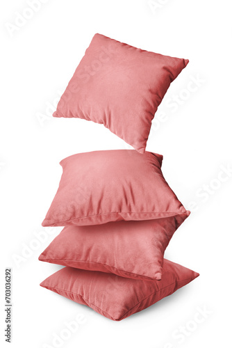 Stack of red pillows isolated on white, transparent background, PNG. Pile of decorative cushions for sleeping and resting, home interior, house decor.