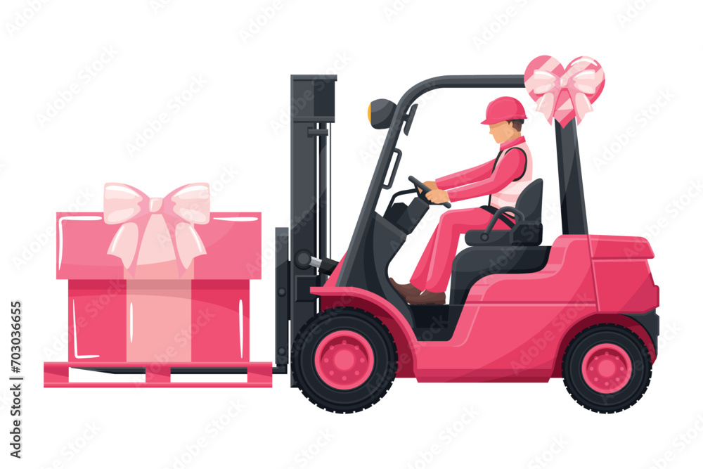 Industrial worker driving a pink forklift carrying a gift box for Valentine's Day. Logistics campaign for loading and shipping high-demand merchandise for Valentine's Day
