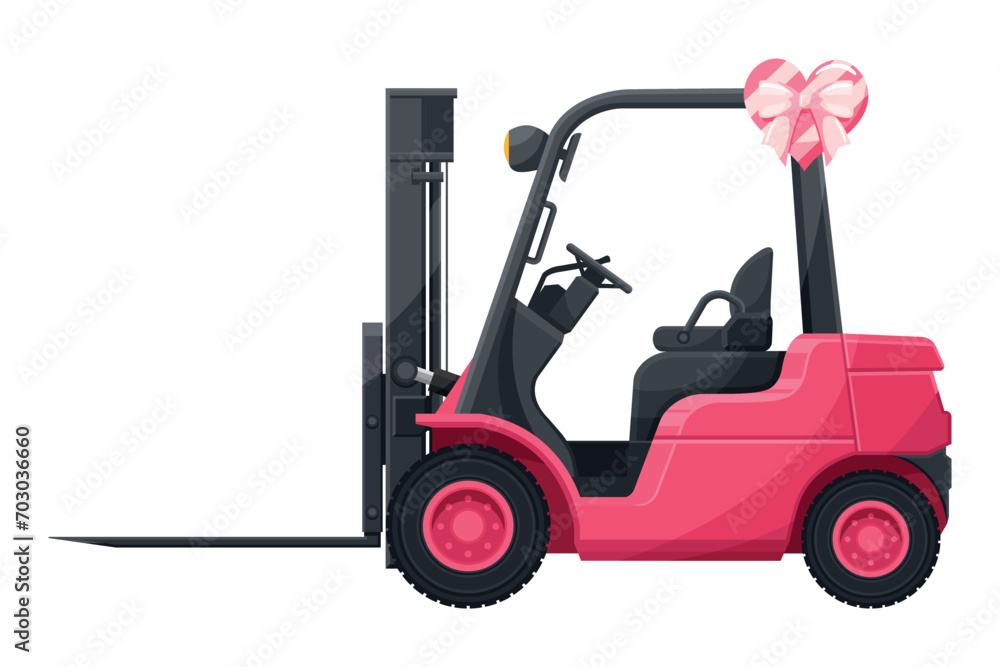 Pink forklift for industrial use, warehouses, manufacturing complexes, logistics centers and self service stores for the transport of pallets with goods, loading and unloading of containers