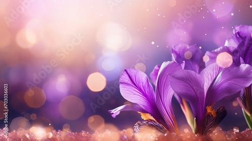Beautiful purple iris flower on isolated magical bokeh background with copy space for text placement