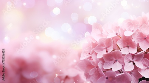 Pink hydrangea blossom on isolated magical bokeh background with copy space for text placement