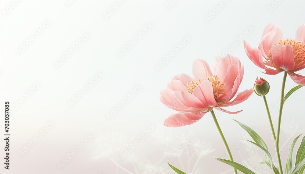 Beautiful pink peony flower on isolated magical bokeh background with copy space for text placement