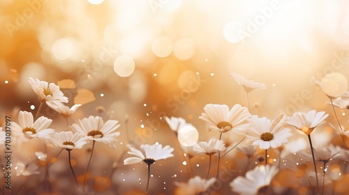 White gerbera daisy on right with magical bokeh background and ample copy space on left for text.