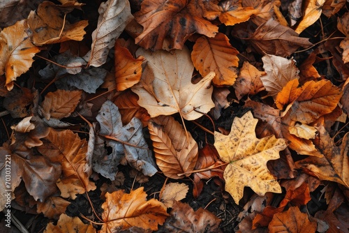 Curled autumn leaves texture on forest ground.