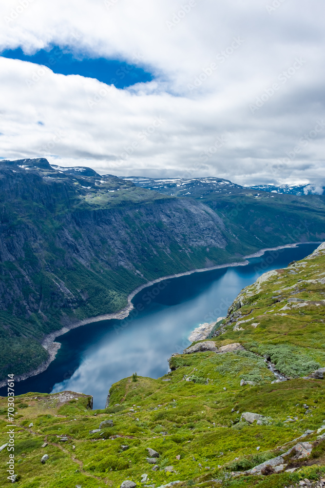 Amazing landscape of the Ringedalsvatnet Lake, Trolltunga hike,  Norway