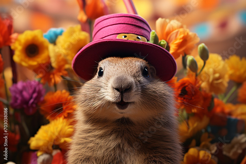 Groundhog Day. February 2nd, Punxsutawney Phil, hat, happy and smiling. folklore, superstition, weather forecasting, symbol of anticipation for changing seasons. banner, greeting card, copy space.