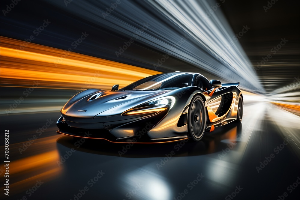 Energetic car bokeh design with sleek body lines, engine visuals, and race track scenes