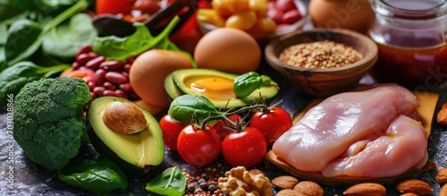 Sources of vitamin B3 include avocado, nuts, spinach, beans, broccoli, eggs, tomatoes, and chicken breast. photo