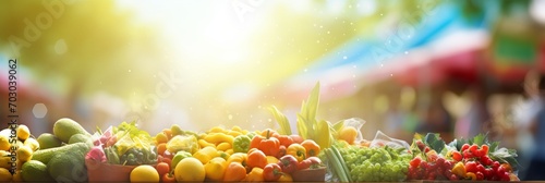 Vibrant farmers market with blurred bokeh background featuring fresh fruits and colorful beverages