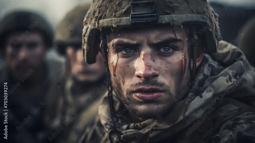 Photograph of soldiers in the army ready for war moving in the rain. The soldiers took it seriously because the situation was stressful. Photograph of soldiers in the army ready for war moving in the rain. The soldiers took it seriously because the situation was stressful.