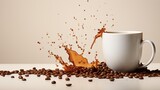 Artistic coffee cup with splashes, beans, and ample copy space, against a beige gradient background