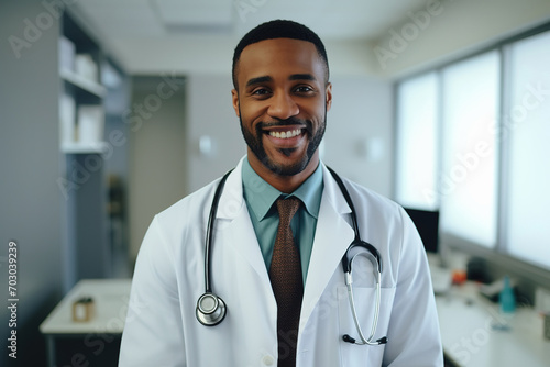 Friendly black male doctor with stethoscope in medical clinic