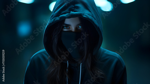 Photo of a beautiful-eyed female thief wearing a black hoodie and a black mask at night. Female thief looking at camera. Focus on her eyes. © Nawarit