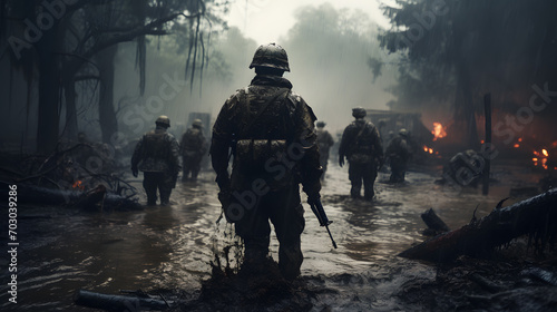 Photograph of soldiers in the army ready for war moving in the rain. The soldiers took it seriously because the situation was stressful.