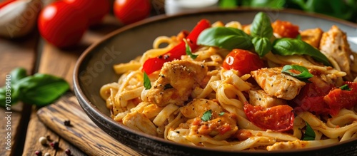 Obraz  z motywem Italian-style pasta with chicken, tomatoes, red pepper, and basil cooked on a wooden table.