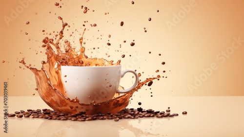 white coffee cup with splashes, coffee beans, and copy space on beige gradient background