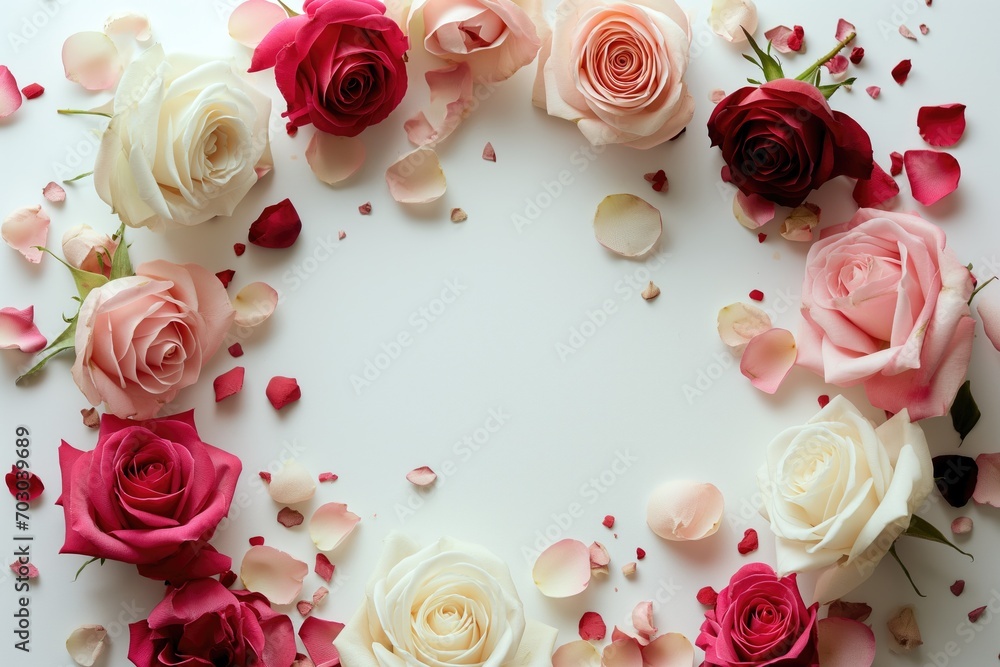  Frame made of roses on a white background.