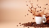 White coffee cup with splashes, scattered beans, and copy space on beige gradient background