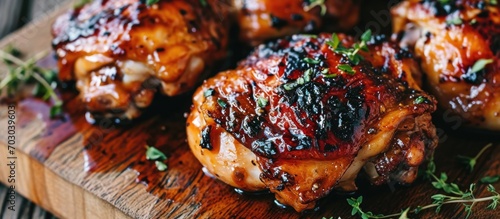 Sweet honey glazed grilled chicken thighs and drumsticks. photo