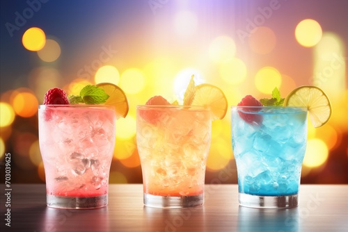 Blurred bokeh background with refreshing iced beverages and snacks on sunlit outdoor patio