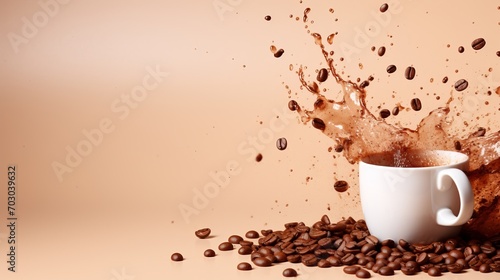 White coffee cup with splashes, scattered beans, and copy space on beige gradient background