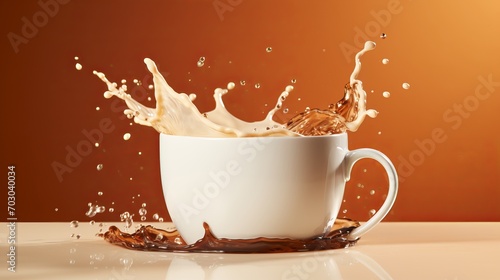 White coffee cup with splashes and coffee beans on beige background  copy space for text placement