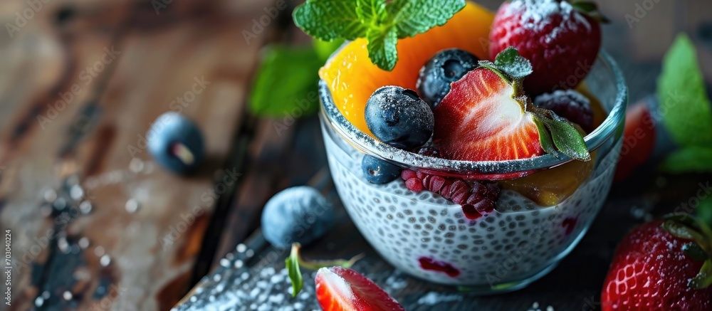 Appetizing chia pudding with fruits on a wooden table