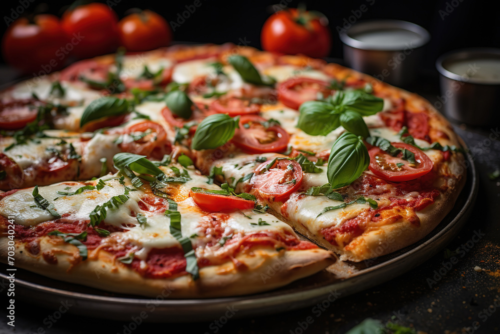 Homemade Margherita Pizza with Fresh Basil, close up Homemade Margherita Pizza with Fresh Basil, close up